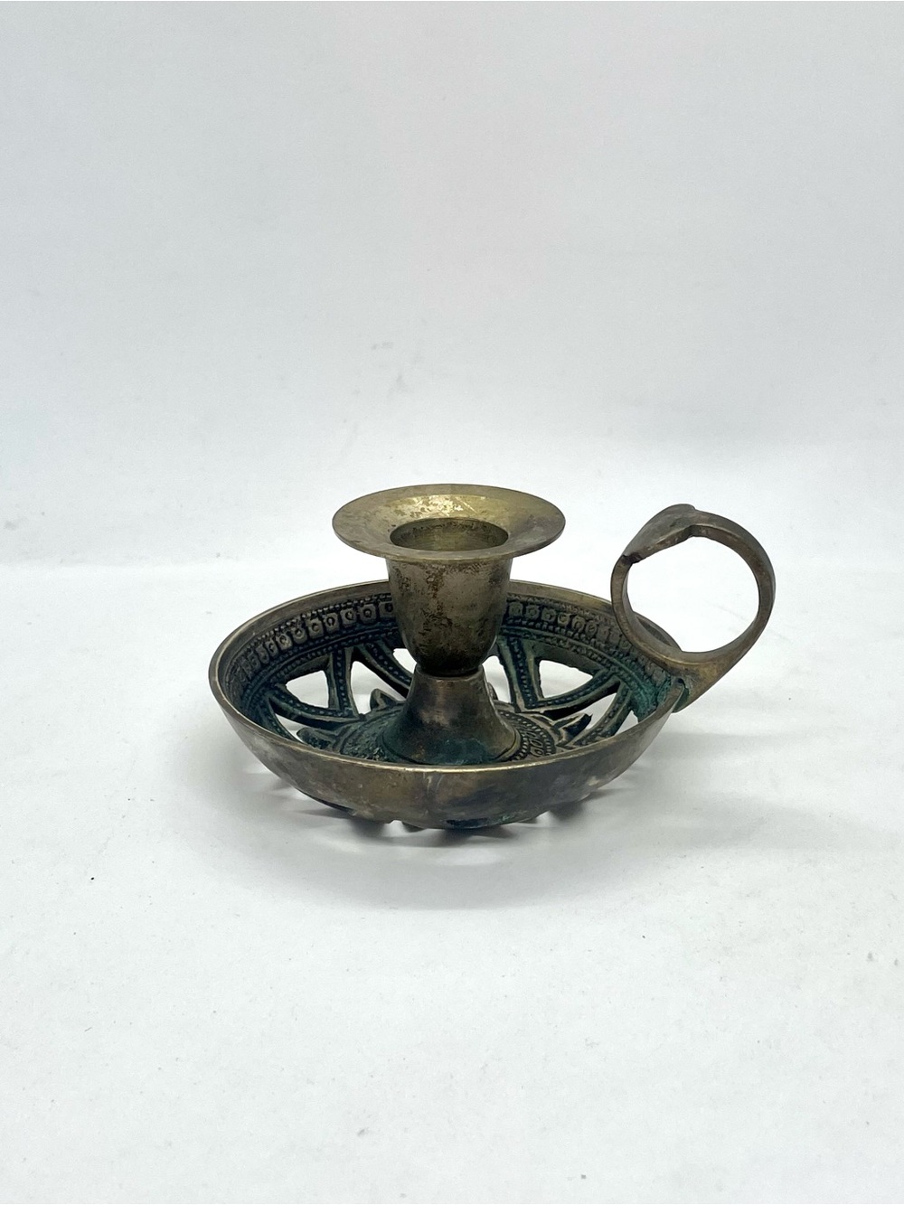 Vintage Brass Chamberstick Candlestick Holder Cutout Star Sun Burst Finger Loop